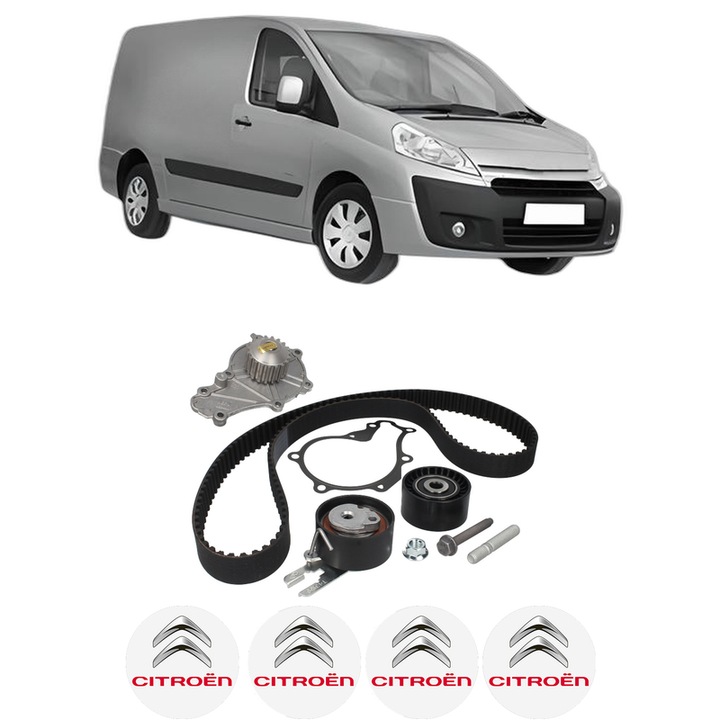 Set Kit de distributie curea intinzator pompa de apa CITROEN JUMPY II Van 1.6 HDi 90 16V din 2007-2016, KW 66 CP 90 CMC 1560, Auto, HEPU, 4x Stickere auto cu CITROEN