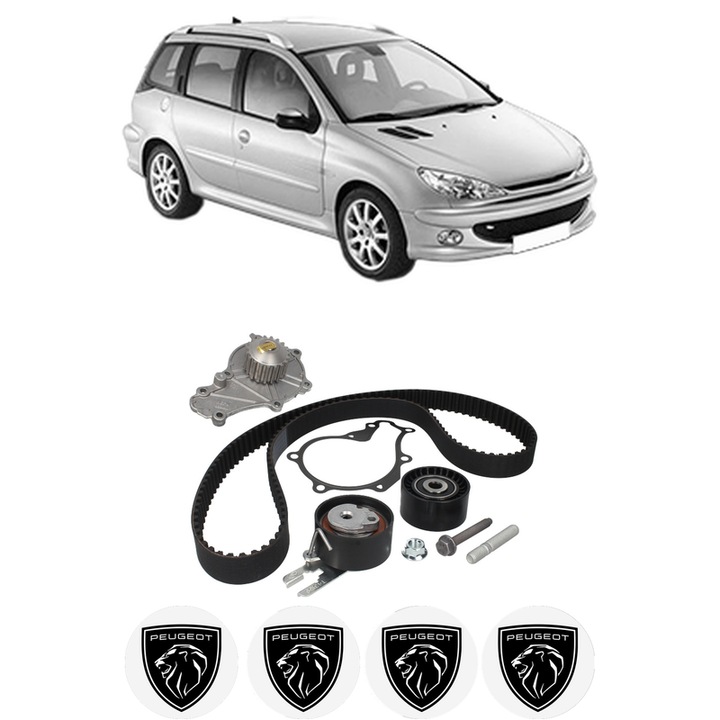 Set Kit de distributie curea intinzator pompa de apa PEUGEOT 206 SW (2E/K) 1.6 HDi 110 din 2004, KW 80 CP 109 CMC 1560, Auto, HEPU, 4x Stickere auto cu PEUGEOT