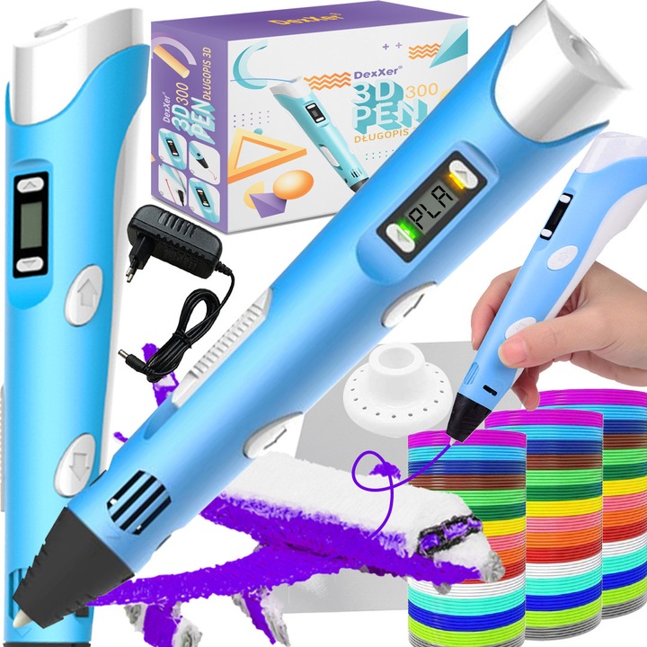 3D писалка RENEW FORCE®, 300M ВЛОЖКА, Професионална стереоскопична 3D писалка за печат с LED дисплей за деца и възрастни - с безплатни нишки за презареждане + ръководство за потребителя, 220-240V, 18,5 x 3 x 4,5 см, синя 3D писалка 300