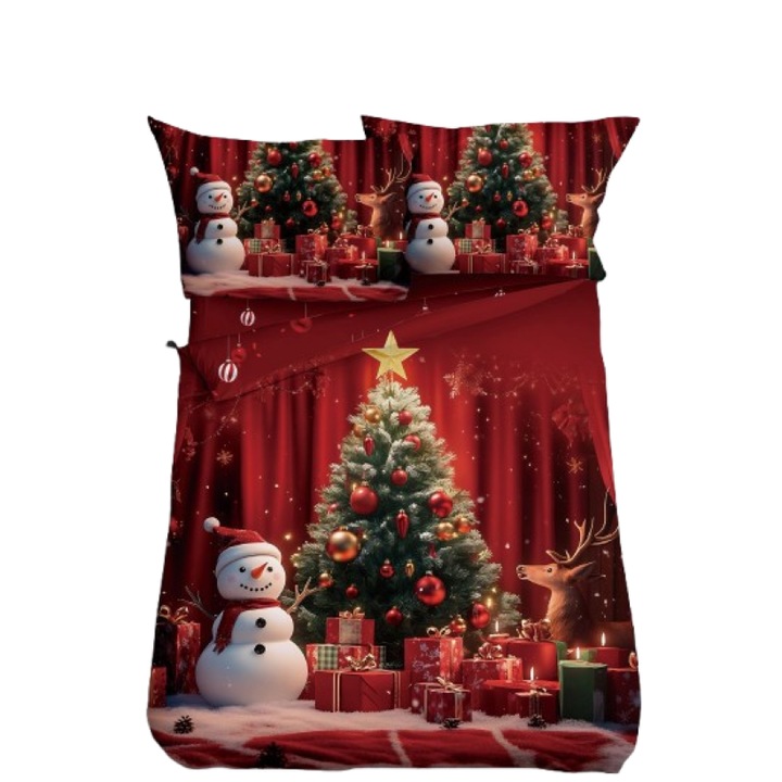 Lenjerie de Pat, Bumbac Satinat, 1 Persoana, 4 Piese, Christmas Eve, 155x220cm, Multicolor