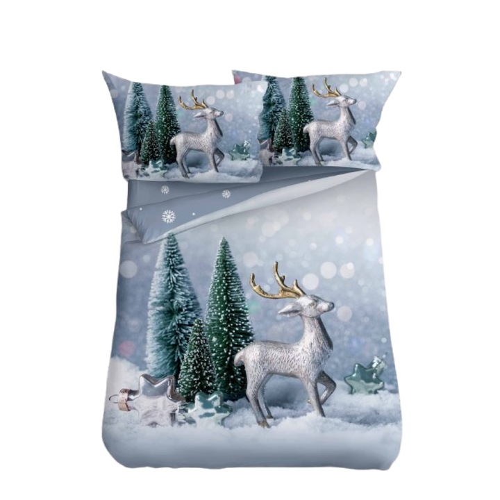 Lenjerie de Pat, Bumbac Satinat, 1 Persoana, 4 Piese, Silver Winter Landscape, 155x220cm, Multicolor