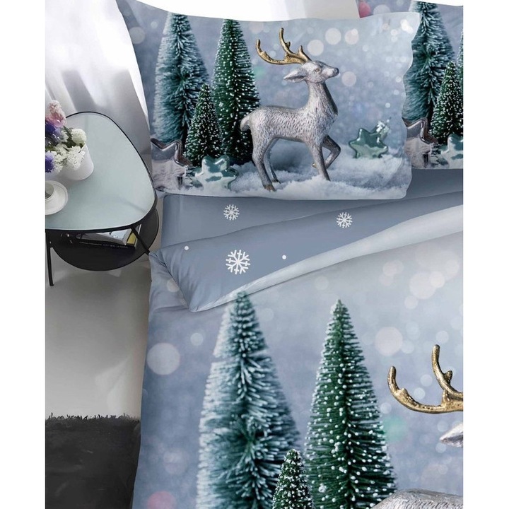 Lenjerie de Pat, Bumbac Satinat, 1 Persoana, 4 Piese, Silver Winter Landscape, 155x220cm, Multicolor