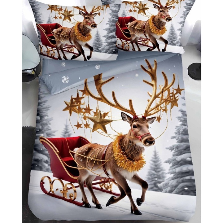Lenjerie de Pat, Bumbac Satinat, 1 Persoana, 4 Piese, Rudolf, 155x220cm, Multicolor