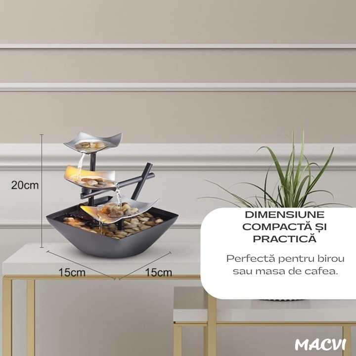 Fantana terapeutica Macvi®, sunete linistitoare ale apei, efect Zen relaxant, cu pietre naturale, bazin de apa si pompa automata, decor interior