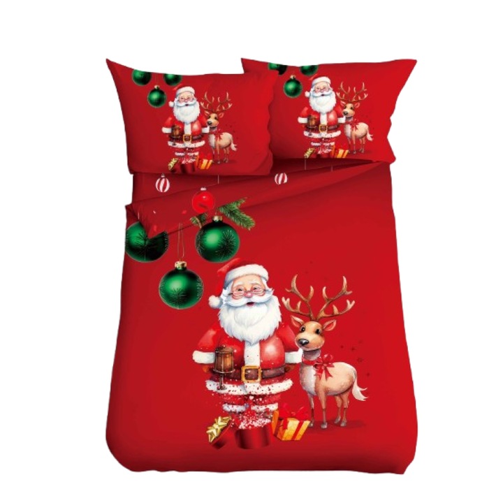 Lenjerie de Pat, Bumbac Satinat, 1 Persoana, 4 Piese, Santa Claus and Rudolph, 155x220cm, Multicolor
