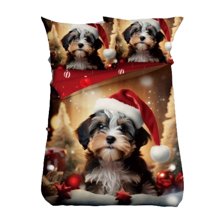 Lenjerie de Pat, Bumbac Satinat, 1 Persoana, 4 Piese, Christmas Puppy, 155x220cm, Multicolor