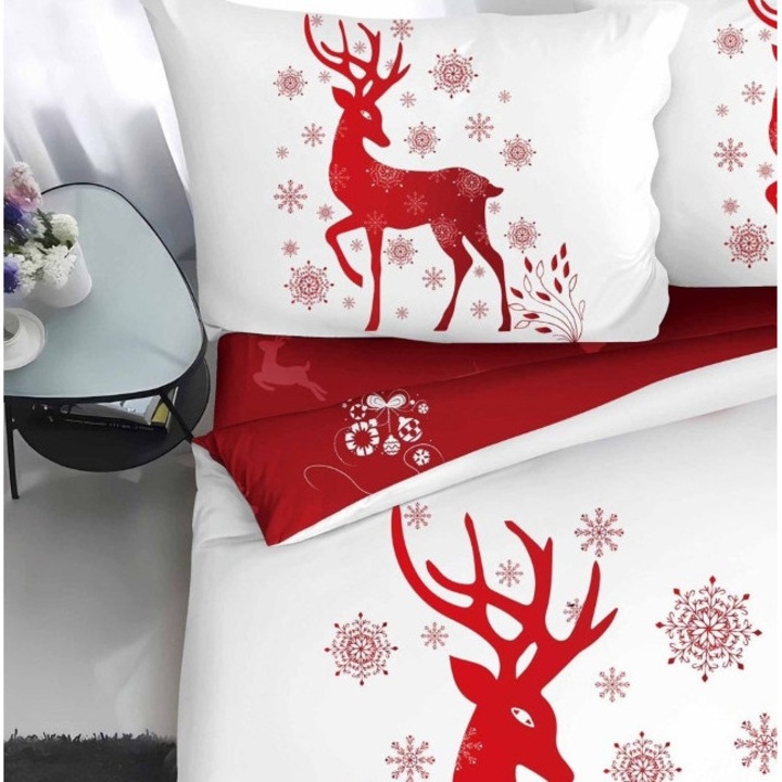 Lenjerie de Pat, Bumbac Satinat, 1 Persoana, 4 Piese, Ren, 155x220cm, Alb-Rosu