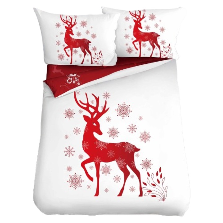 Lenjerie de Pat, Bumbac Satinat, 1 Persoana, 4 Piese, Ren, 155x220cm, Alb-Rosu