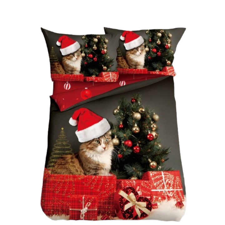 Lenjerie de Pat, Bumbac Satinat, 1 Persoana, 4 Piese, Pisicuta, 155x220cm, Multicolor