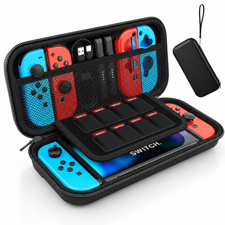 Husa Transport Nintendo Switch si Switch OLED Macvi®, Set 11 in 1, Carcasa Rigida EVA, Protectie Completa, Folie Sticla Securizata, Husa Transparenta, Sloturi Carduri Joc, 5,2 x 27 x 13cm Negru