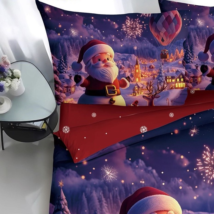 Lenjerie de Pat, Bumbac Satinat, 1 Persoana, 4 Piese, Snowman, 155x220cm, Multicolor