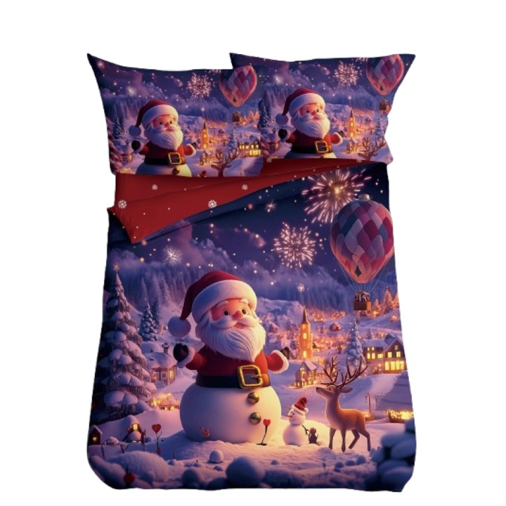 Lenjerie de Pat, Bumbac Satinat, 1 Persoana, 4 Piese, Snowman, 155x220cm, Multicolor