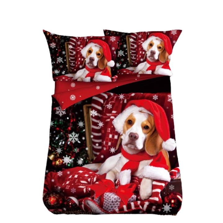 Lenjerie de Pat, Bumbac Satinat, 1 Persoana, 4 Piese, Christmas Beagle, 155x220cm, Multicolor