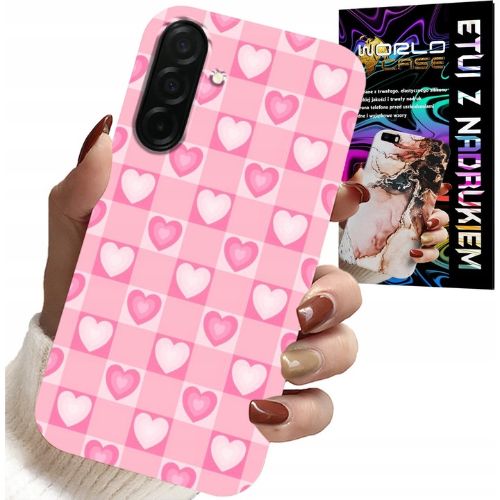 Carcasă pentru Samsung Galaxy A26 5G, World Case, imprimare Hearts Check, roz, set cu sticlă