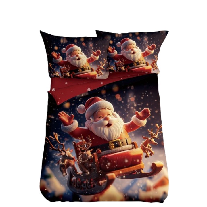 Lenjerie de Pat, Bumbac Satinat, 1 Persoana, 4 Piese, Merry Christmas, 155x220cm, Multicolor