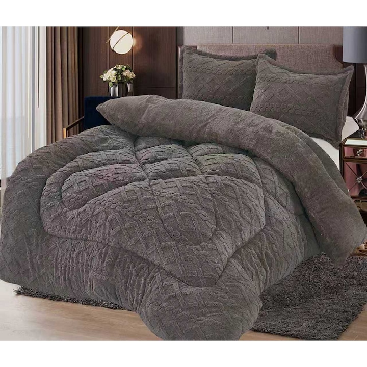 Set PILOTA Cocolino CHIRASO, Model Gofrat Tricotat, 3, 5 kg, pentru Pat Dublu, 200x230 cm, include 2 Fete de Perna 50x70 cm, UNI, gri inchis