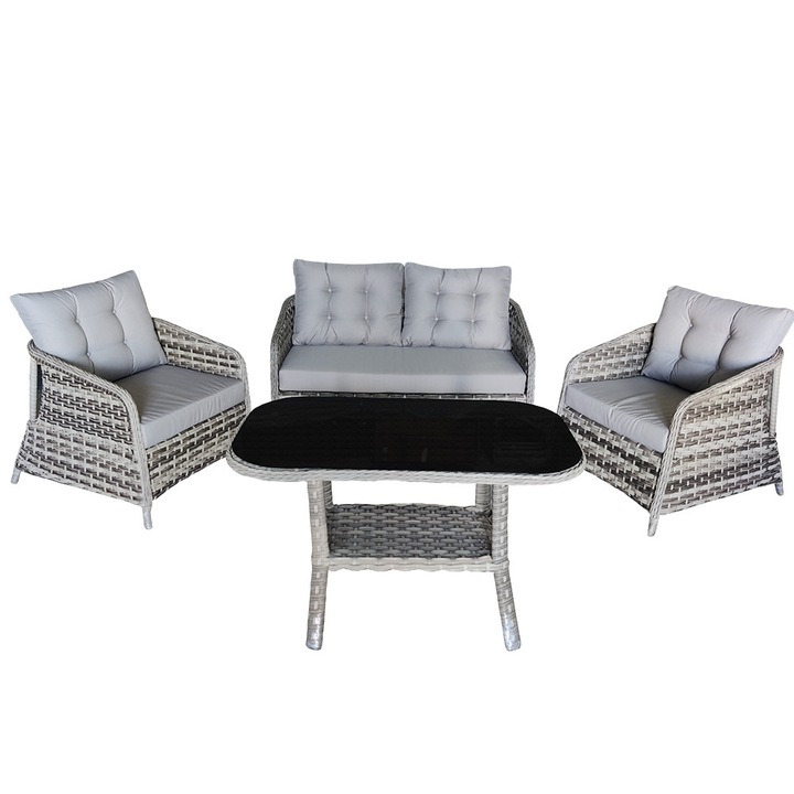 Set mobilier cu 2 fotolii, canapea si masa, Arena, culoare gri