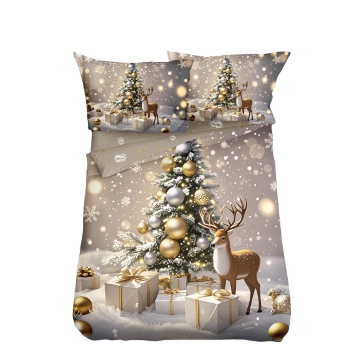Lenjerie de Pat, Bumbac Satinat, 1 Persoana, 4 Piese, Shiny Christmas, 155x220cm, Multicolor