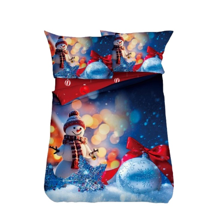 Lenjerie de Pat, Bumbac Satinat, 1 Persoana, 4 Piese, Christmas at Night, 155x220cm, Multicolor