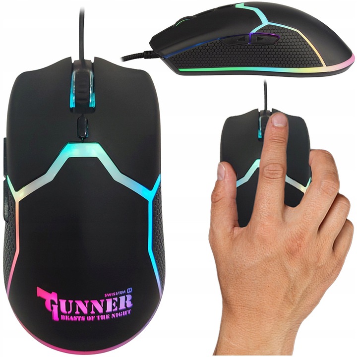 Mouse Wireless, Swissten, Gunner, Rezolutie Inalta De Pana La 7200 Dpi, Iluminare Rgb, Greutate 100 Grame, Material Carcasa Abs, Finisaj Transparent, Suprafata Din Cauciuc, Negru