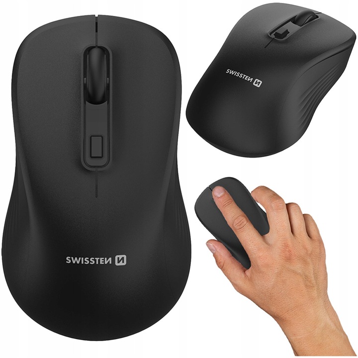 Egér vezeték nélküli, Swissten, 2.4 Ghz vezeték nélküli technológia, 10 m hatótávolság, 4 gomb (beleértve a Dpi gombot is), Dpi felbontás 1000 1200 1600 Dpi, 11 x 6.3 x 4 cm, Fekete