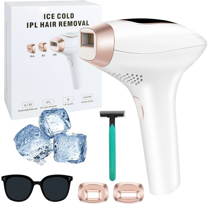 Epilator IPL, 999.999 impulsuri, 9 trepte de intensitate, Epilare fara durere, Manual/Automat, Protectie tripla, Potrivit pentru fata, corp, subrate si picioare, Oududianzi, Alb/Roz