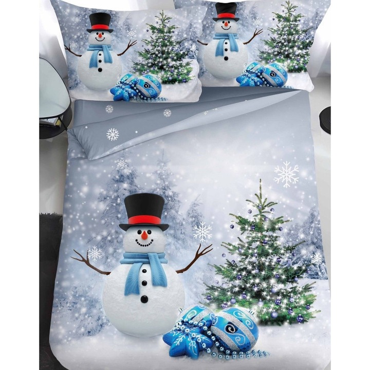 Lenjerie de Pat, Bumbac Satinat, 1 Persoana, 4 Piese, Winter on the Street, 155x220cm, Multicolor
