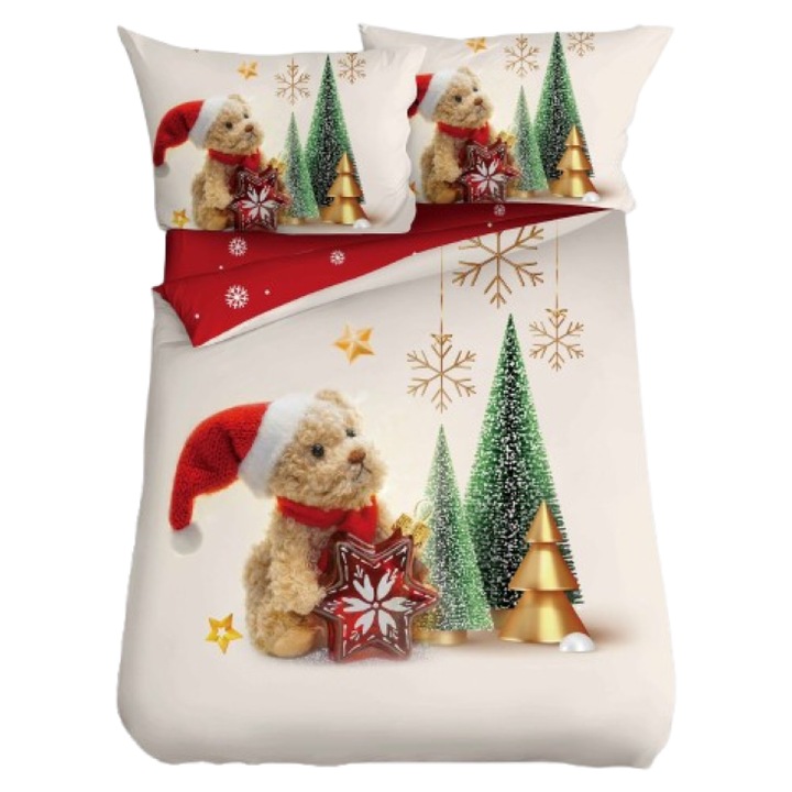 Lenjerie de Pat, Bumbac Satinat, 1 Persoana, 4 Piese, Christmas Teddy Bear, 155x220cm, Multicolor
