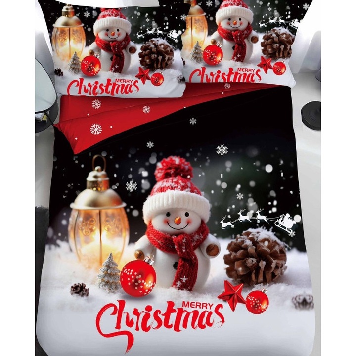 Lenjerie de Pat, Bumbac Satinat, 1 Persoana, Merry Christmas, 4 Piese, 155x220cm, Multicolor