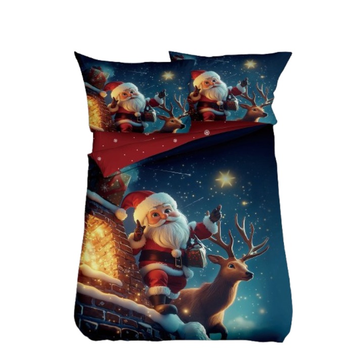 Lenjerie de Pat, Bumbac Satinat, 1 Persoana, Christmas Night, 4 Piese, 155x220cm, Multicolor