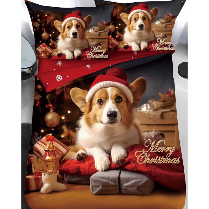 Lenjerie de Pat, Bumbac Satinat, 1 Persoana, Curious Puppy on Christmas Eve, 4 Piese, 155x220cm, Multicolor
