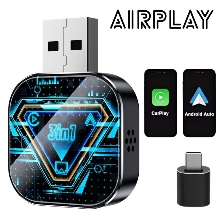 ESL By Essential Level 3 az 1-ben vezeték nélküli adapter, AirPlay, CarPlay és Android Auto kompatibilis, Android és iOS Auto kompatibilis, USB adapter, automatikus csatlakozás, Bluetooth 5.2, gyors szinkronizálás