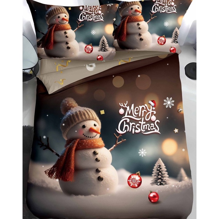Lenjerie de Pat, Bumbac Satinat, 1 Persoana, Shiny Christmas, 4 Piese, 155x220cm, Multicolor