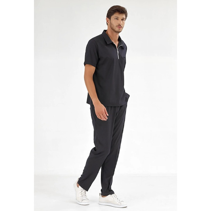 Costum medical unisex, ÇİZGİ MEDİKAL, lycra, 2 piese, Negru, XL, confort maxim, elastic, cu fermoar