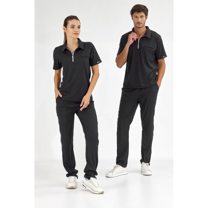 Costum medical unisex, ÇİZGİ MEDİKAL, lycra, 2 piese, Negru, L, confort maxim, elastic, cu fermoar