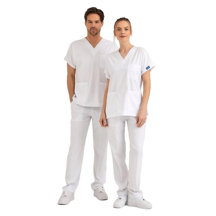 Costum medical unisex, Pozitif Üniforma, lycra, 2 piese, Alb, S, confort maxim, elastic