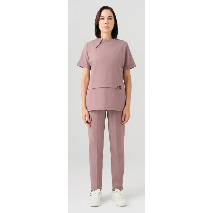 Costum medical unisex, ÇİZGİ MEDİKAL, lycra, 2 piese, Roz, S, confort maxim, elastic, cu guler