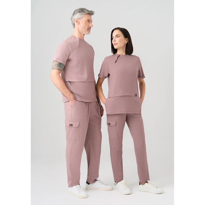 Медицински унисекс костюм, ÇİZGİ MEDİKAL, ликра, 2 части, Розов, XL, максимален комфорт, еластичен, с яка