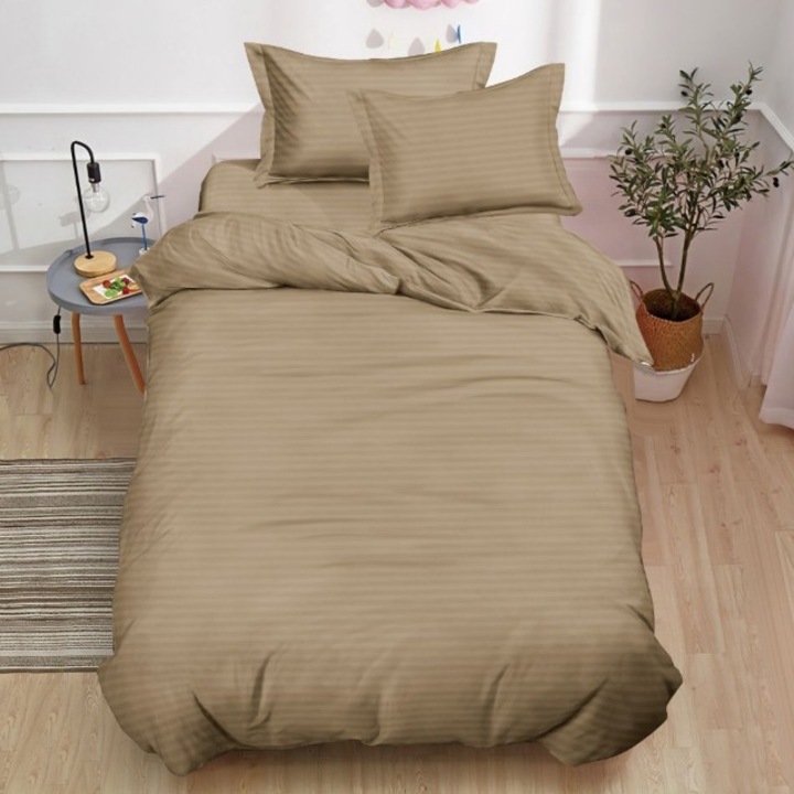 Ágynemű, Gumis lepedő, Damaszt, 140x200cm, 4 részes, 1 személyes, Egyszínű, Tejeskávé