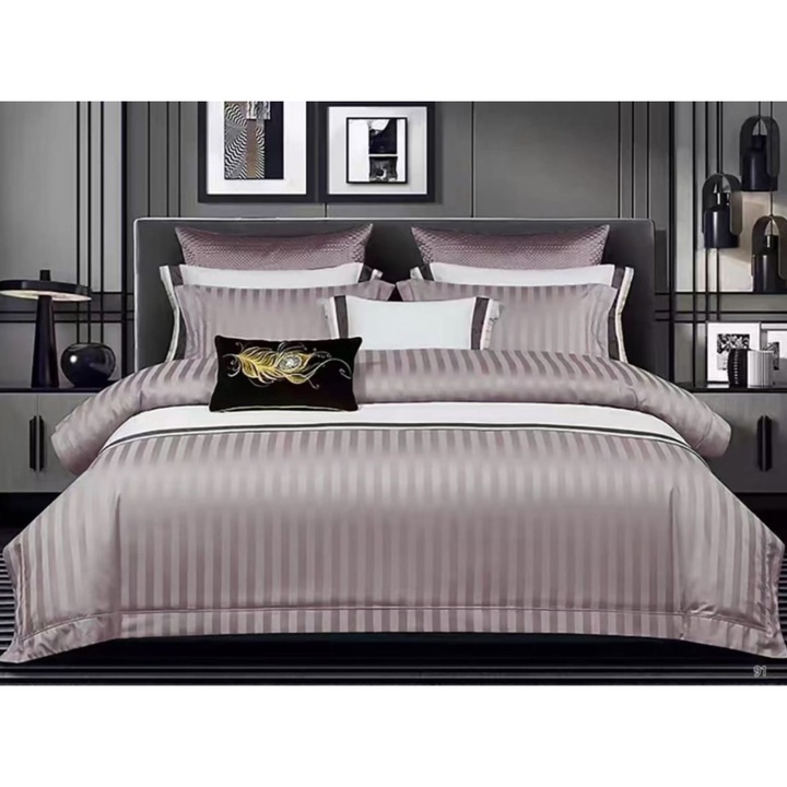 Lenjerie de pat din damasc satinat Bla Bla Foam, cu dungi – Gri deschis, 6 piese, 200x230 cm
