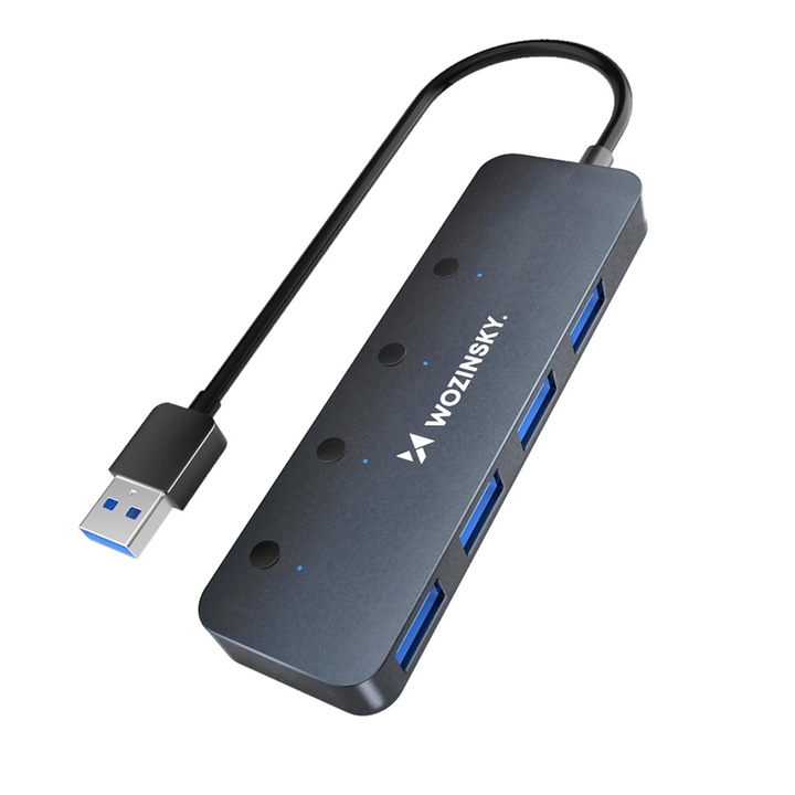 Многофункционален хъб 4-в-1 Wozinsky, USB-A 3.0 към 4x USB-A 3.0, Сив