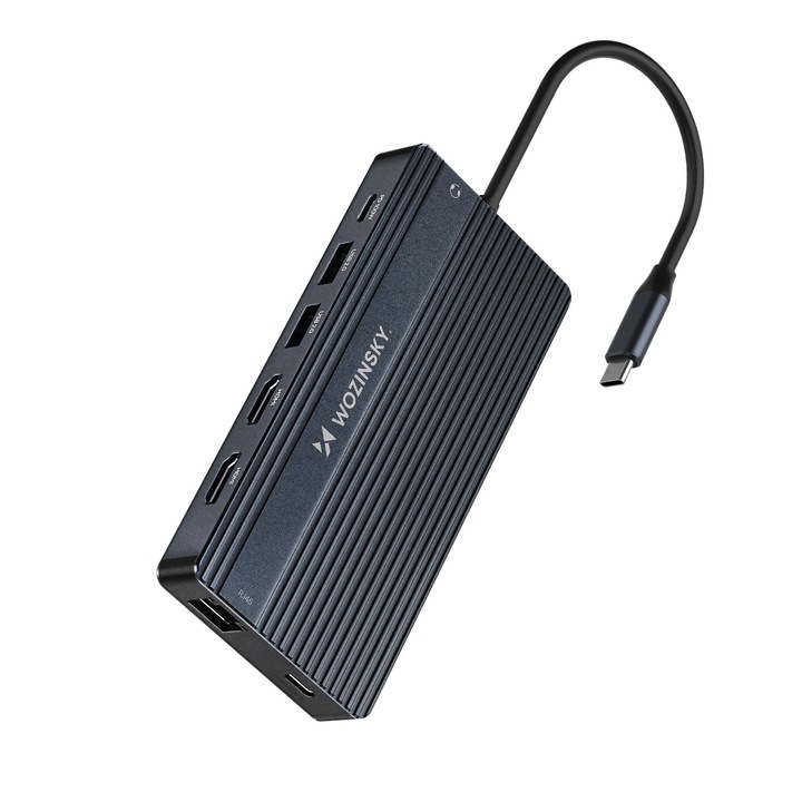 Многофункционален хъб 14-в-1 Wozinsky, USB-C към 4x USB-A 3.2, 2x USB-A 2.0, 2x HDMI, 1x RJ45, 1x жак 3.5 мм, 1x SD, 1x TF, 1x USB-C PD, 1x USB-C 3.2, Сив