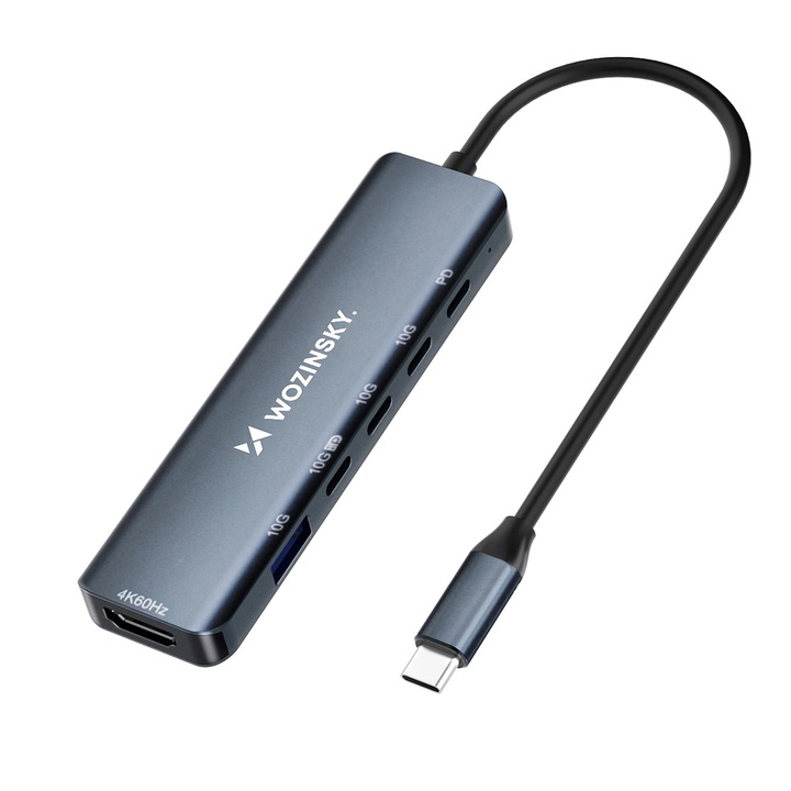 Мултифункционален хъб 6-в-1 Wozinsky, USB-C 3.2 към 1x USB-A, 1x HDMI, 1x USB-C PD, 3x USB-C, Сив