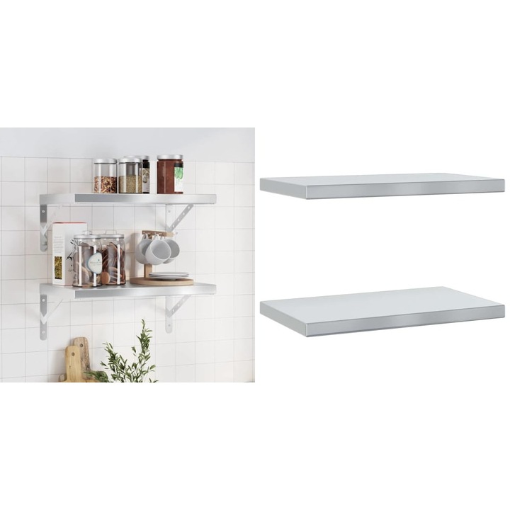Rafturi de perete, 2 buc., 50x30x3 cm, argintiu otel inoxidabil