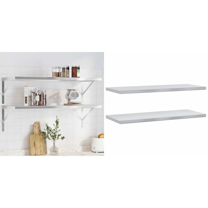 Rafturi de perete 2 buc., 100x40x3 cm, argintiu otel inoxidabil