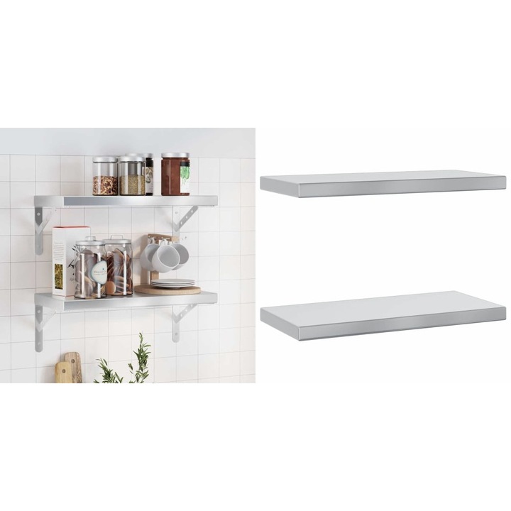 Rafturi de perete, 2 buc. 50x23, 5x3 cm argintiu otel inoxidabil