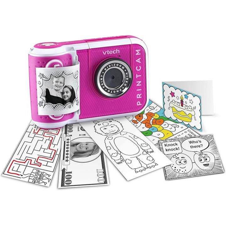 Camera instant VTech KidiZoom Print Cam, roz, cu imprimantă termică integrată, zoom digital 4x, 28, 1x20x8, 3cm