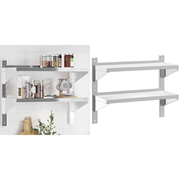 Raft de perete 2 niveluri 75x30x60 cm argintiu otel inoxidabil