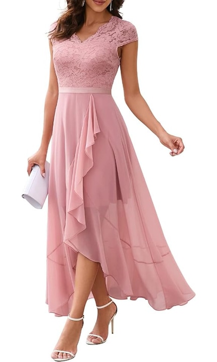 Елегантна рокля Bbonlinedress, размер 2XL, найлон, дантела, дълга, розова на цвят