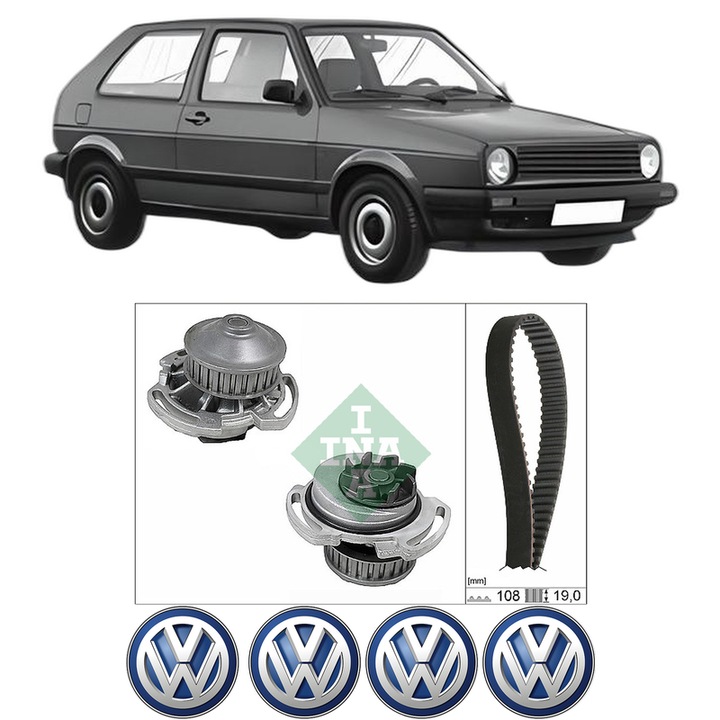 Set Kit de distributie curea pompa de apa Volkswagen GOLF II (19E, 1G1) 1.31983-1987, KW 40 CP 55 CMC 1272, Auto, INA, 4x Stickere auto cu Volkswagen